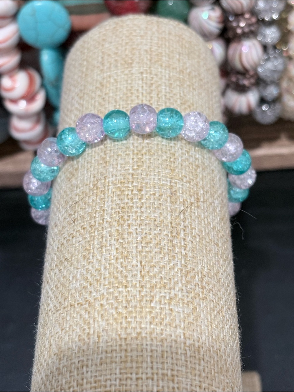 Handcrafted light blue and light pink glass beaded bracelet
